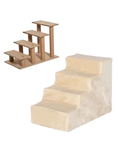 PawHut Four-Step Dog Stairs, with Washable Plush Cover, for High Bed Sofa, Dog Stairs for Small Dog and Cat - Beige