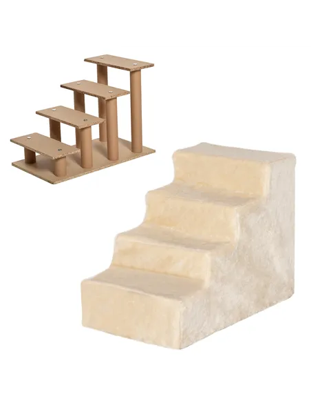 PawHut Four-Step Dog Stairs, with Washable Plush Cover, for High Bed Sofa, Dog Stairs for Small Dog and Cat - Beige