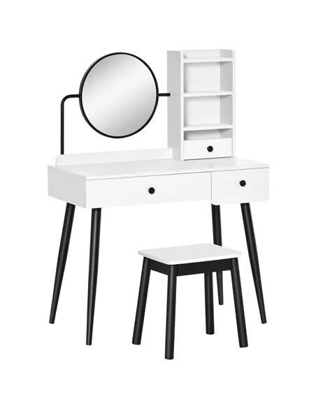 HOMCOM Dressing Table Set with Mirror and Stool, Vanity Makeup Table with 3 Drawers and Open Shelves for Bedroom, Living Room, W