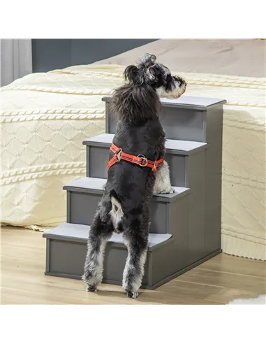 PawHut 4 Step Wooden Dog Steps Pet Stairs for Dogs, Cat Ladder for Bed Couch with Non-Slip Carpet 40 x 59 x 54.2 cm, Grey