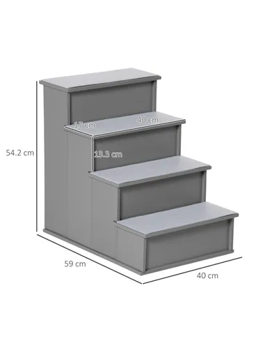PawHut 4 Step Wooden Dog Steps Pet Stairs for Dogs, Cat Ladder for Bed Couch with Non-Slip Carpet 40 x 59 x 54.2 cm, Grey