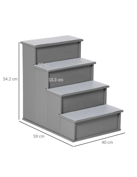 PawHut 4 Step Wooden Dog Steps Pet Stairs for Dogs, Cat Ladder for Bed Couch with Non-Slip Carpet 40 x 59 x 54.2 cm, Grey