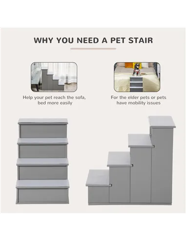 PawHut 4 Step Wooden Dog Steps Pet Stairs for Dogs, Cat Ladder for Bed Couch with Non-Slip Carpet 40 x 59 x 54.2 cm, Grey