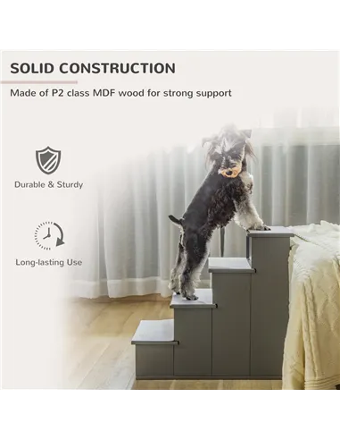 PawHut 4 Step Wooden Dog Steps Pet Stairs for Dogs, Cat Ladder for Bed Couch with Non-Slip Carpet 40 x 59 x 54.2 cm, Grey