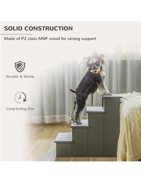 PawHut 4 Step Wooden Dog Steps Pet Stairs for Dogs, Cat Ladder for Bed Couch with Non-Slip Carpet 40 x 59 x 54.2 cm, Grey