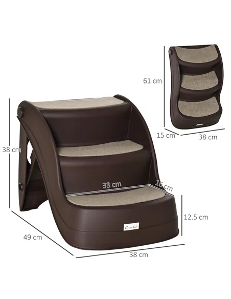 PawHut Foldable Pet Stairs Portable Dog Steps 3-Step Design with Non-slip Mats for High Beds, Sofas, 49 x 38 x 38 cm, Brown