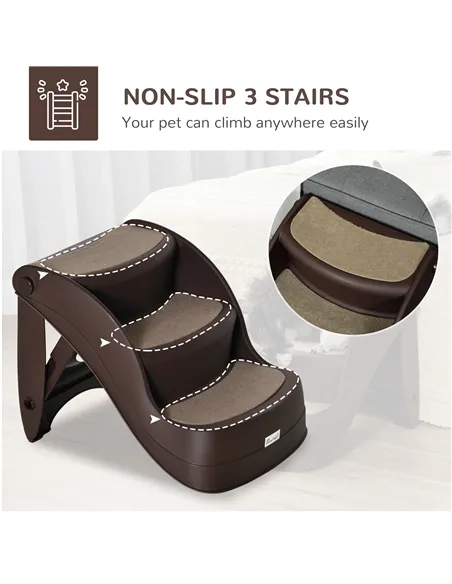 PawHut Foldable Pet Stairs Portable Dog Steps 3-Step Design with Non-slip Mats for High Beds, Sofas, 49 x 38 x 38 cm, Brown