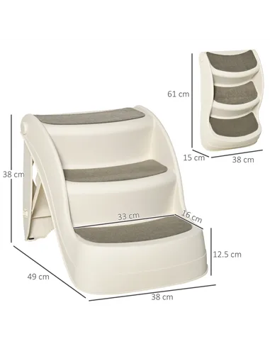 PawHut Foldable Pet Stairs Portable Dog Steps 3-Step Design with Non-slip Mats for High Beds, Sofas, 49 x 38 x 38 cm, Cream