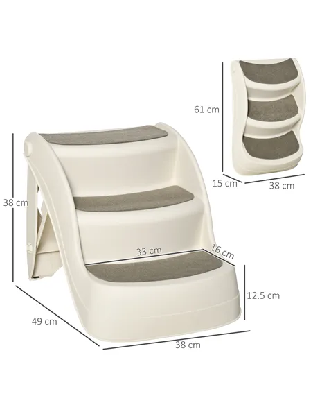 PawHut Foldable Pet Stairs Portable Dog Steps 3-Step Design with Non-slip Mats for High Beds, Sofas, 49 x 38 x 38 cm, Cream