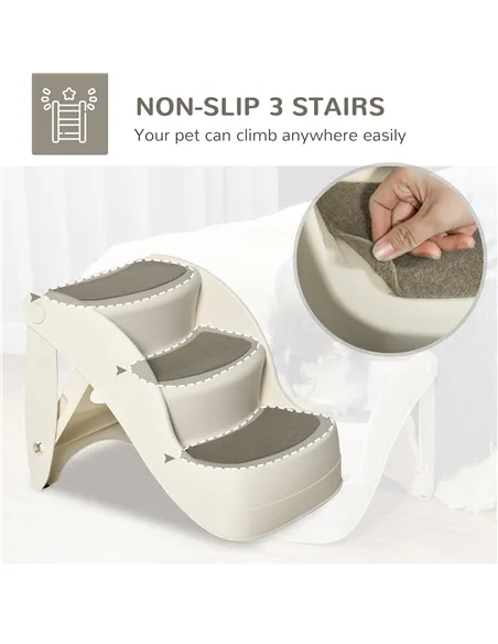 PawHut Foldable Pet Stairs Portable Dog Steps 3-Step Design with Non-slip Mats for High Beds, Sofas, 49 x 38 x 38 cm, Cream