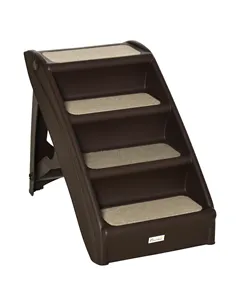 PawHut Foldable Four-Step Pet Stairs, for Cats, Small Miniature Dogs, with Non-Slip Mats 62 x 38 x 49.5cm - Brown