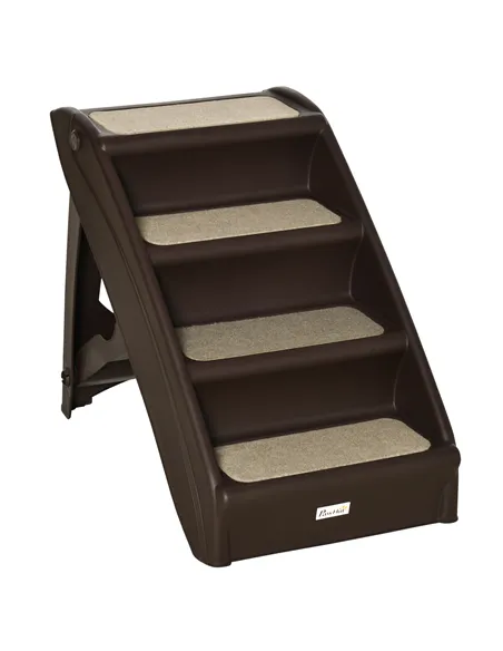 PawHut Foldable Four-Step Pet Stairs, for Cats, Small Miniature Dogs, with Non-Slip Mats 62 x 38 x 49.5cm - Brown
