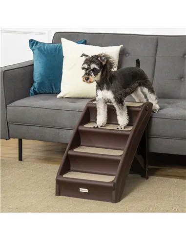 PawHut Foldable Four-Step Pet Stairs, for Cats, Small Miniature Dogs, with Non-Slip Mats 62 x 38 x 49.5cm - Brown