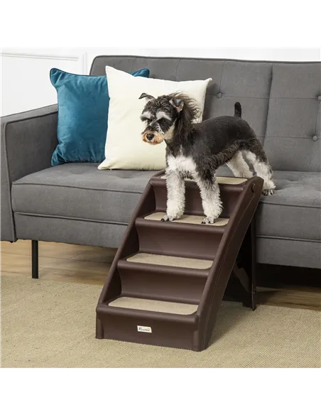 PawHut Foldable Four-Step Pet Stairs, for Cats, Small Miniature Dogs, with Non-Slip Mats 62 x 38 x 49.5cm - Brown