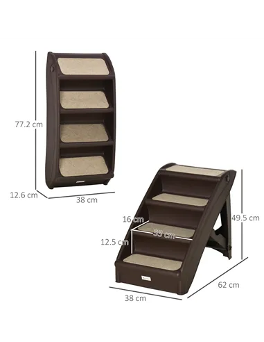 PawHut Foldable Four-Step Pet Stairs, for Cats, Small Miniature Dogs, with Non-Slip Mats 62 x 38 x 49.5cm - Brown