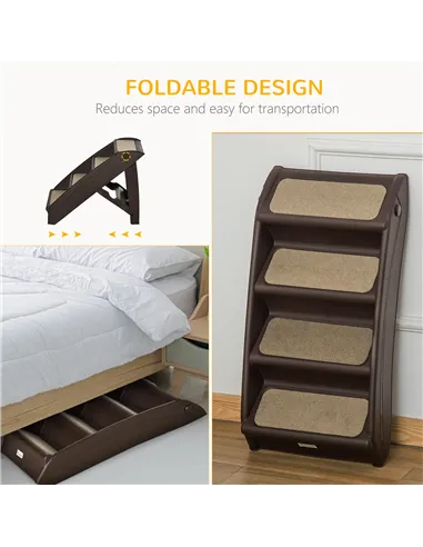 PawHut Foldable Four-Step Pet Stairs, for Cats, Small Miniature Dogs, with Non-Slip Mats 62 x 38 x 49.5cm - Brown