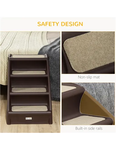 PawHut Foldable Four-Step Pet Stairs, for Cats, Small Miniature Dogs, with Non-Slip Mats 62 x 38 x 49.5cm - Brown