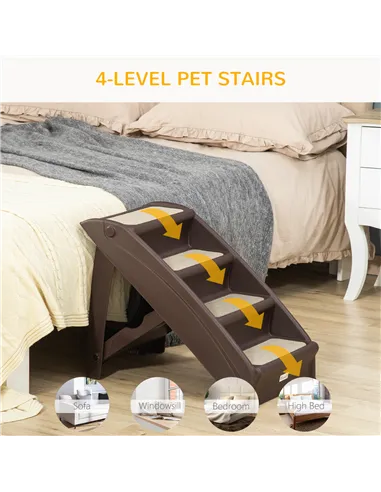 PawHut Foldable Four-Step Pet Stairs, for Cats, Small Miniature Dogs, with Non-Slip Mats 62 x 38 x 49.5cm - Brown