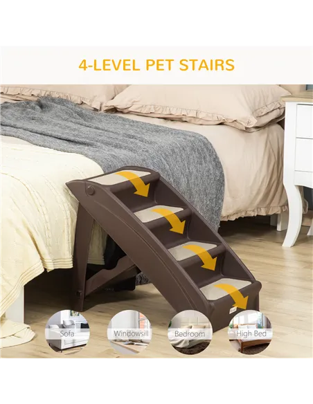 PawHut Foldable Four-Step Pet Stairs, for Cats, Small Miniature Dogs, with Non-Slip Mats 62 x 38 x 49.5cm - Brown