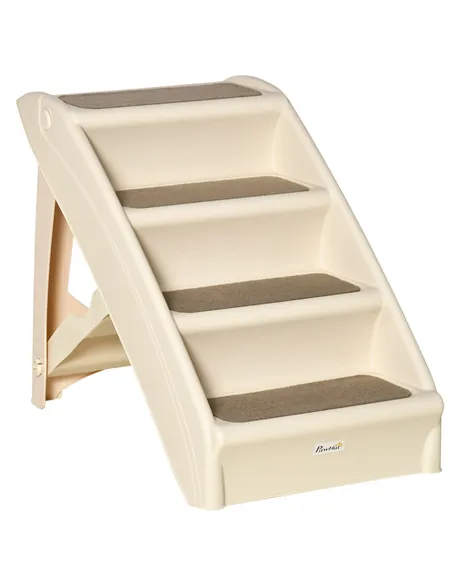 PawHut Foldable Four-Step Pet Stairs, for Cats, Small Miniature Dogs, with Non-Slip Mats 62 x 38 x 49.5cm - Beige