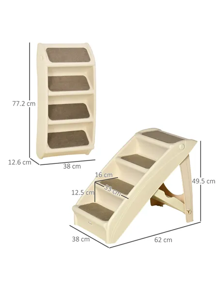 PawHut Foldable Four-Step Pet Stairs, for Cats, Small Miniature Dogs, with Non-Slip Mats 62 x 38 x 49.5cm - Beige