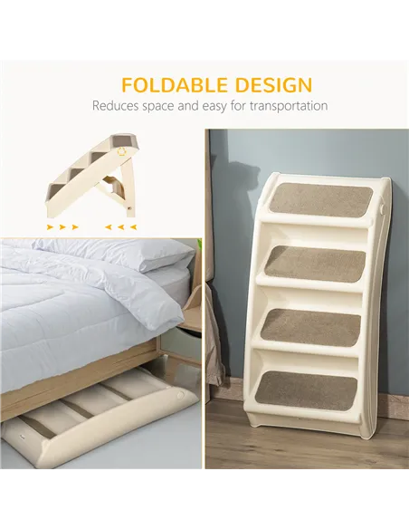 PawHut Foldable Four-Step Pet Stairs, for Cats, Small Miniature Dogs, with Non-Slip Mats 62 x 38 x 49.5cm - Beige