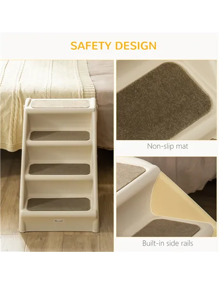 PawHut Foldable Four-Step Pet Stairs, for Cats, Small Miniature Dogs, with Non-Slip Mats 62 x 38 x 49.5cm - Beige