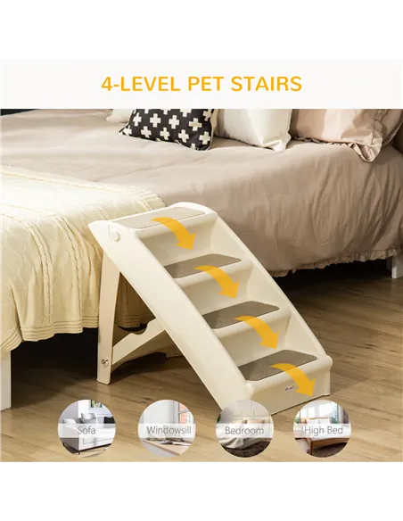PawHut Foldable Four-Step Pet Stairs, for Cats, Small Miniature Dogs, with Non-Slip Mats 62 x 38 x 49.5cm - Beige