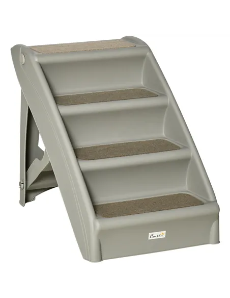 PawHut Foldable Four-Step Pet Stairs, for Cats, Small Miniature Dogs, with Non-Slip Mats 62 x 38 x 49.5cm - Grey