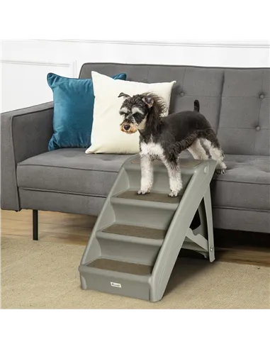 PawHut Foldable Four-Step Pet Stairs, for Cats, Small Miniature Dogs, with Non-Slip Mats 62 x 38 x 49.5cm - Grey