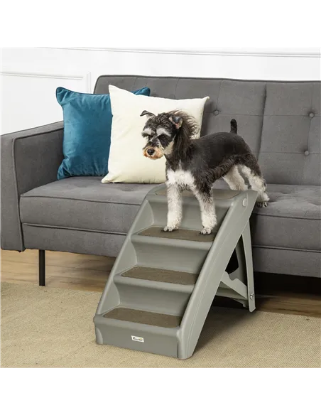 PawHut Foldable Four-Step Pet Stairs, for Cats, Small Miniature Dogs, with Non-Slip Mats 62 x 38 x 49.5cm - Grey
