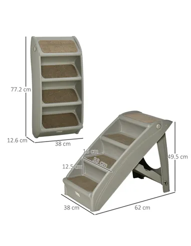 PawHut Foldable Four-Step Pet Stairs, for Cats, Small Miniature Dogs, with Non-Slip Mats 62 x 38 x 49.5cm - Grey