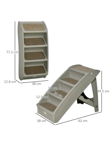 PawHut Foldable Four-Step Pet Stairs, for Cats, Small Miniature Dogs, with Non-Slip Mats 62 x 38 x 49.5cm - Grey