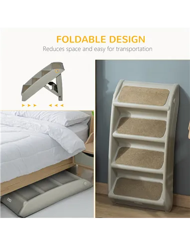PawHut Foldable Four-Step Pet Stairs, for Cats, Small Miniature Dogs, with Non-Slip Mats 62 x 38 x 49.5cm - Grey