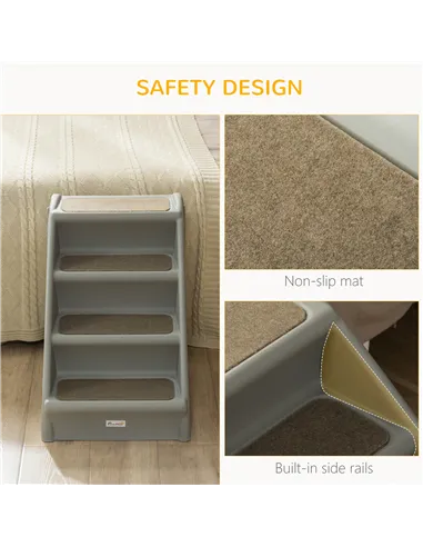 PawHut Foldable Four-Step Pet Stairs, for Cats, Small Miniature Dogs, with Non-Slip Mats 62 x 38 x 49.5cm - Grey