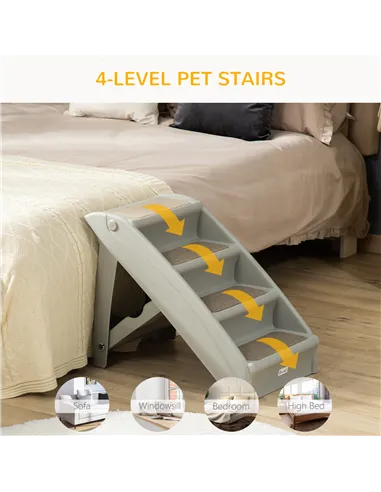 PawHut Foldable Four-Step Pet Stairs, for Cats, Small Miniature Dogs, with Non-Slip Mats 62 x 38 x 49.5cm - Grey