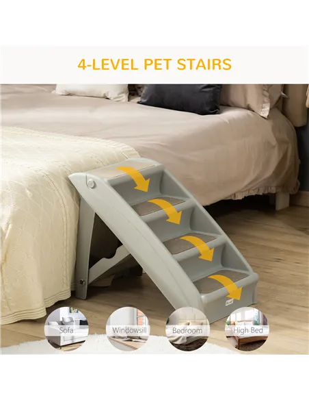 PawHut Foldable Four-Step Pet Stairs, for Cats, Small Miniature Dogs, with Non-Slip Mats 62 x 38 x 49.5cm - Grey