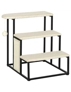 PawHut Three-Step Pet Stairs, with Sisal Scratching Board, Toy Hanging Ball, Steel Frame