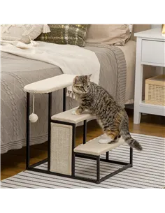PawHut Three-Step Pet Stairs, with Sisal Scratching Board, Toy Hanging Ball, Steel Frame 2