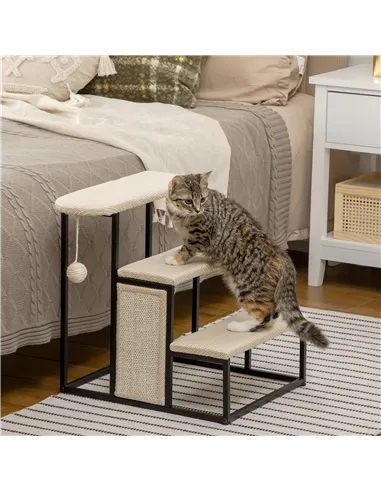 PawHut Three-Step Pet Stairs, with Sisal Scratching Board, Toy Hanging Ball, Steel Frame