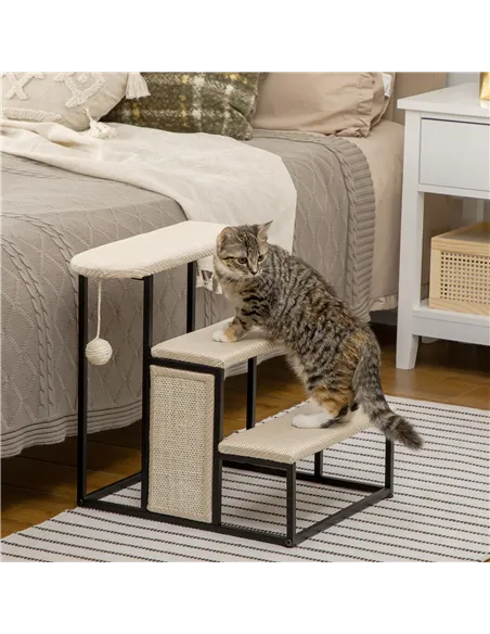 PawHut Three-Step Pet Stairs, with Sisal Scratching Board, Toy Hanging Ball, Steel Frame
