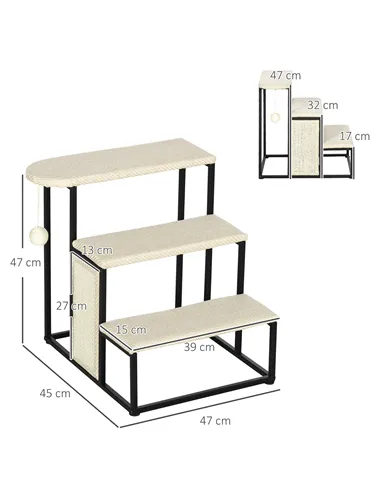 PawHut Three-Step Pet Stairs, with Sisal Scratching Board, Toy Hanging Ball, Steel Frame