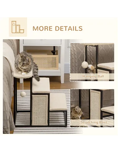 PawHut Three-Step Pet Stairs, with Sisal Scratching Board, Toy Hanging Ball, Steel Frame