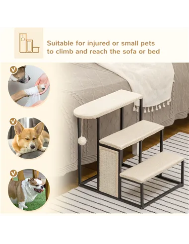 PawHut Three-Step Pet Stairs, with Sisal Scratching Board, Toy Hanging Ball, Steel Frame