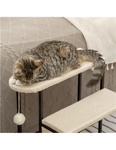 PawHut Three-Step Pet Stairs, with Sisal Scratching Board, Toy Hanging Ball, Steel Frame