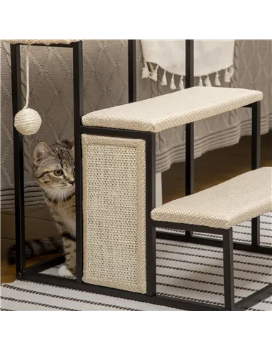 PawHut Three-Step Pet Stairs, with Sisal Scratching Board, Toy Hanging Ball, Steel Frame