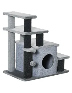 PawHut Adjustable Cat Steps, with House & Hanging Toy Ball - Grey