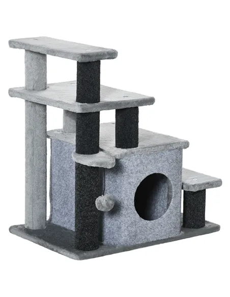 PawHut Adjustable Cat Steps, with House & Hanging Toy Ball - Grey