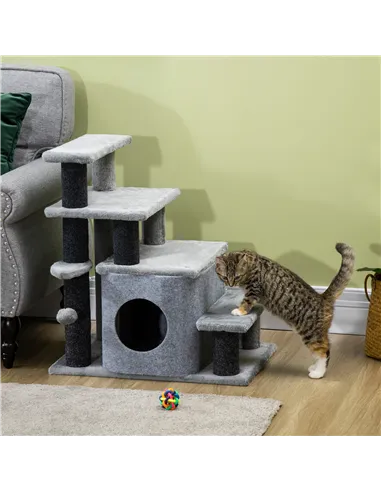 PawHut Adjustable Cat Steps, with House & Hanging Toy Ball - Grey