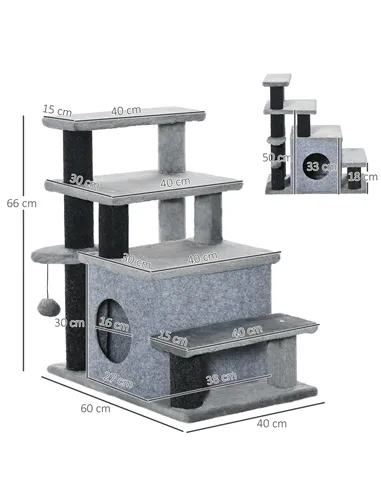 PawHut Adjustable Cat Steps, with House & Hanging Toy Ball - Grey